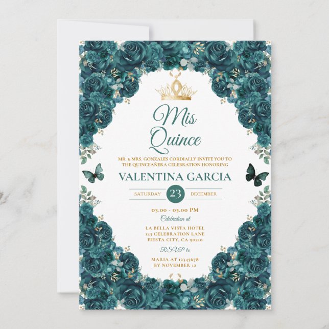 Invitation Emerald Green Quinceañera 15 Anos Floral Crown (Devant)