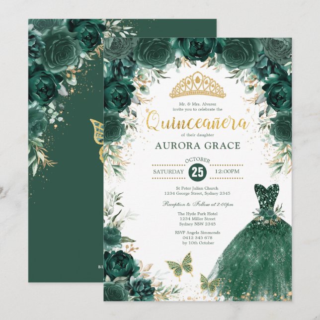 Invitation Emerald Green Quinceañera Mis Quince 15 Anos (Devant / Derrière)