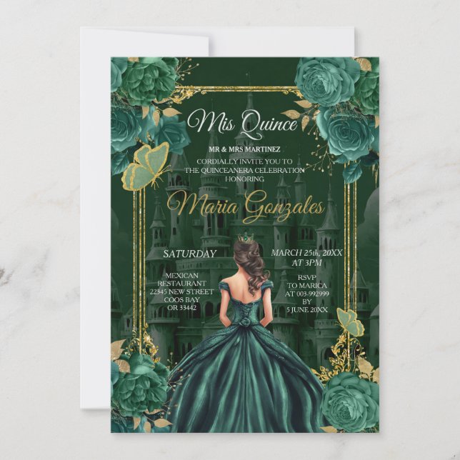 Invitation Emerald Green Quinceañera Princess Butterfly (Devant)