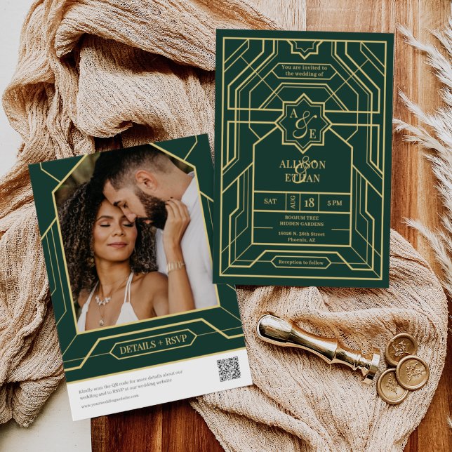 Invitation Emerald Green Retro Gold Art Déco QR Code Photo (Créateur téléchargé)