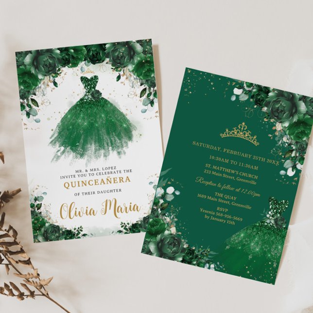 Invitation Emerald Green Robe Florale Princesse Quinceañera (Créateur téléchargé)