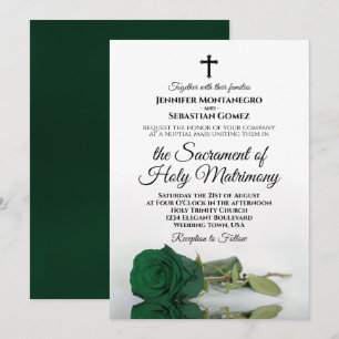 Invitation Emerald Green Rose Élégant Mariage catholique mode