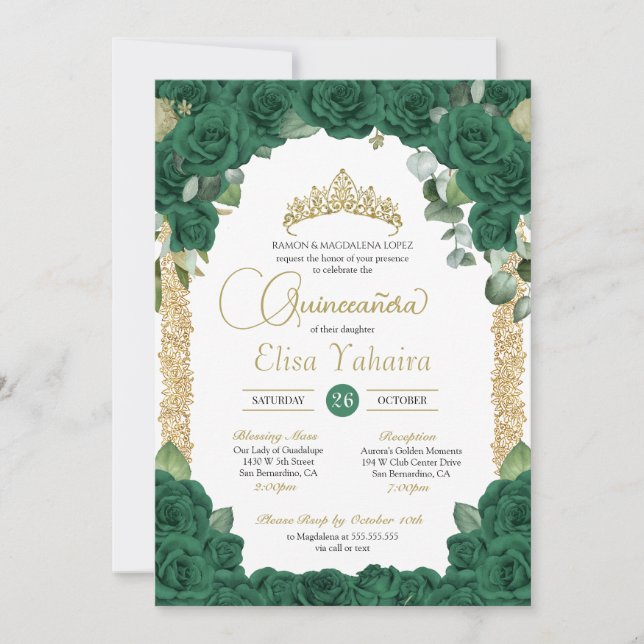 Invitation Emerald Green Rose Floral et Gold Quinceanera (Devant)