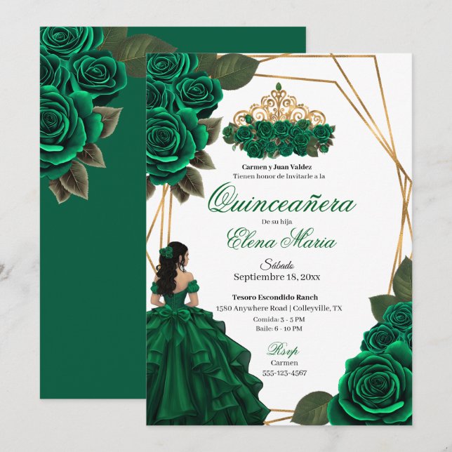 Invitation Emerald Green Rose Gold Quinceañera (Devant / Derrière)