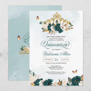 Invitation Emerald Green Rose Gold Tiara Butterfly Quince