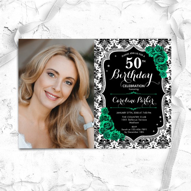 Invitation Emerald Green Roses Damask Photo 50th Birthday (Créateur téléchargé)