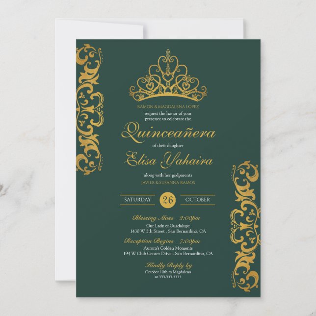 Invitation Emerald Green Royal Gold Elegant Crown Quinceañera (Devant)