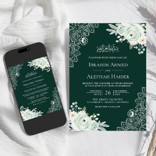 Invitation Emerald Green Sage Floral Lace Mariage musulman