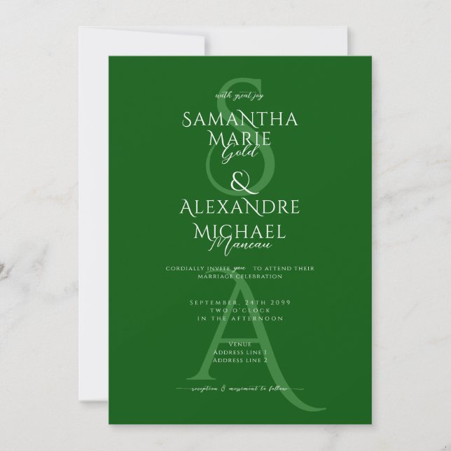 Invitation Emerald Green Script Mariage Monogramme contempora (Devant)