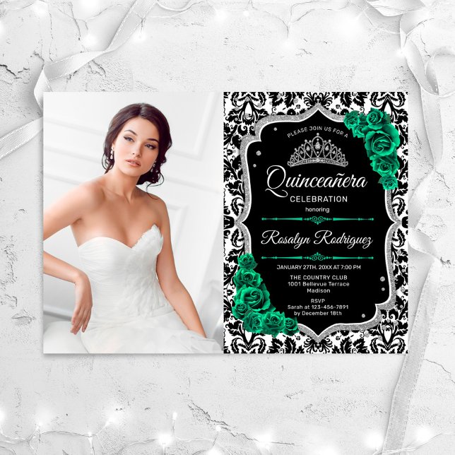Invitation Emerald Green Silver Black Photo Quinceanera (Créateur téléchargé)