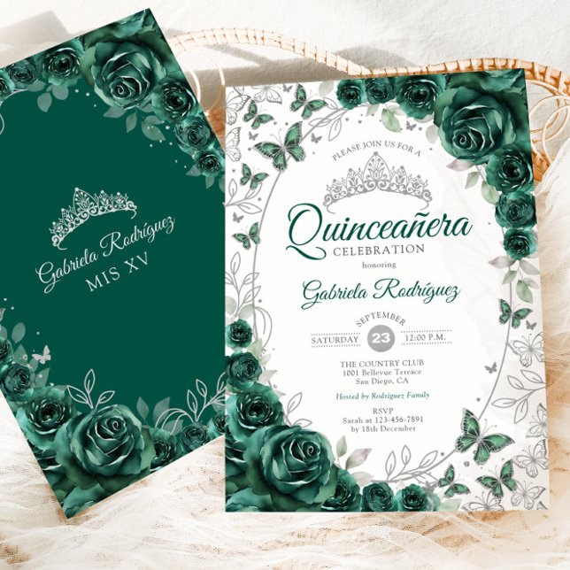 Invitation Emerald Green Silver Floral Quinceanera (Créateur téléchargé)