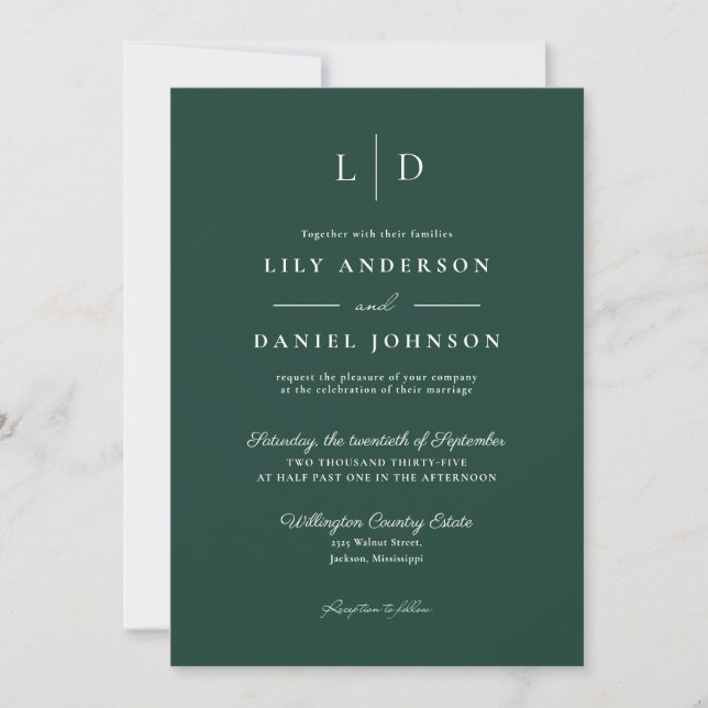 Invitation Emerald Green Simple Monogramme QR Code Mariage (Devant)