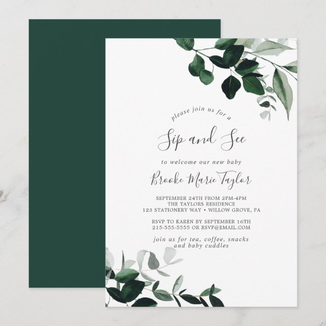 Invitation Emerald Green Sip and See (Devant / Derrière)