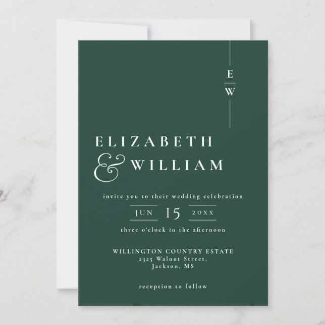 Invitation Emerald Green Tout en un Mariage Monogramme modern (Devant)