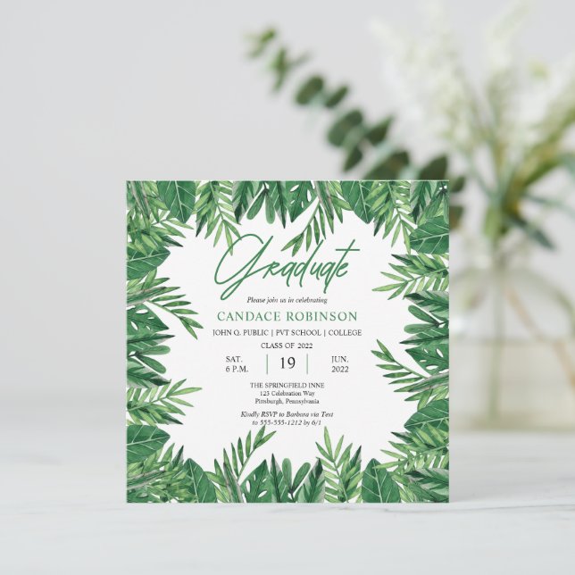 Invitation Emerald Green Watercolor Feuilles Graduation Party (Debout devant)