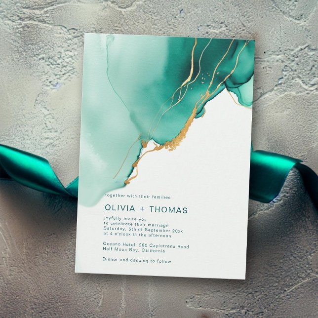 Invitation Emerald Green Waves Beach Wedding (modern emerald green wedding invitation gold ocean beach waves romantic elegant bohemian typography)