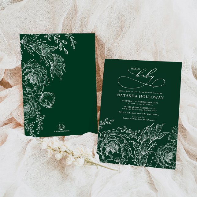 Invitation Emerald Green White Botanical Baby shower floral (Créateur téléchargé)