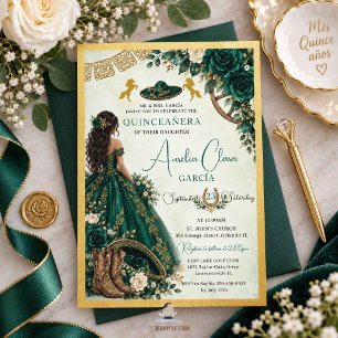 Invitation Emerald Green White Floral Charro Quinceanera
