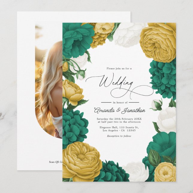 Invitation Emerald Green, White & Gold Floral Wedding (Devant / Derrière)