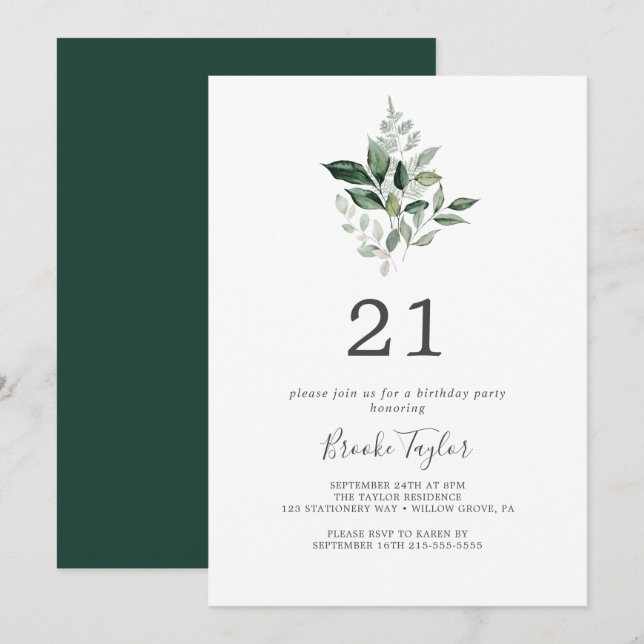 Invitation Emerald Greenery 21ème anniversaire (Devant / Derrière)