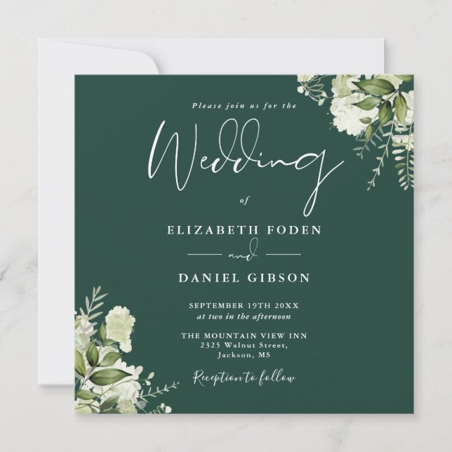 Invitation Emerald Greenery Floral Monogram Carré Mariage (Devant)