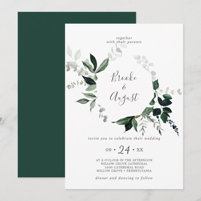 Invitation Emerald Greenery Mariage de couronne (Devant / Derrière)