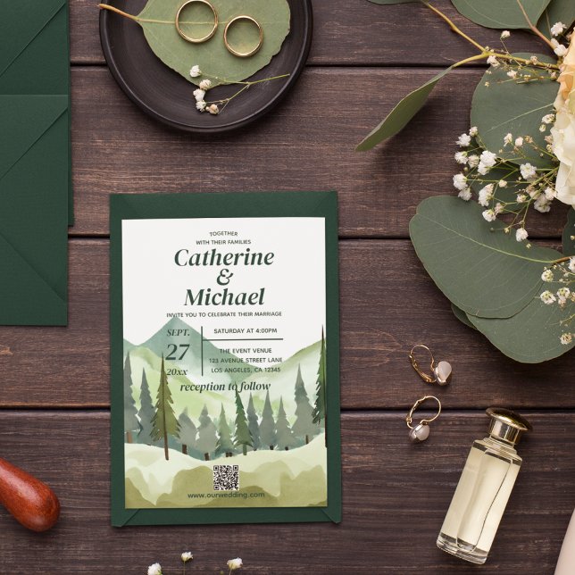 Invitation Emerald Greenery Mountain Rustic QR Code Mariage (Créateur téléchargé)