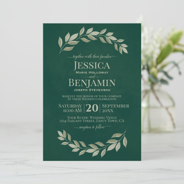Invitation Emerald Greenery Simple Aquarelle Feuille Mariage (Debout devant)