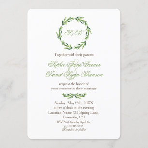 Invitation Emerald Greenery Wreath Monogram Mariage