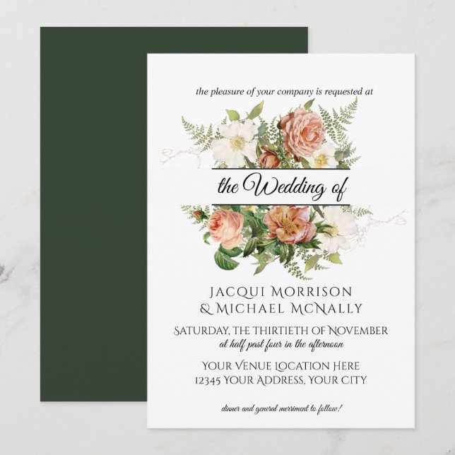 Invitation Emerald n Blush Peony, Rose w Fern Wreath Mariage (Devant / Derrière)