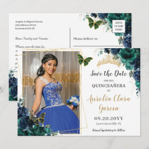Invitation Emerald Navy Floral Quinceañera Pic Enregistrer la