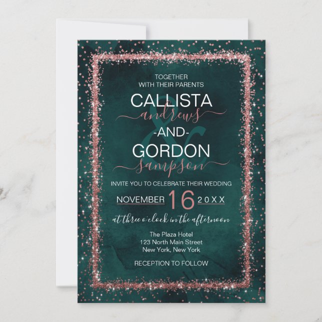 Invitation Emerald Rose Gold Sprinted Confetti Mariage (Devant)