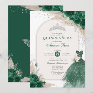 Invitation Emerald Silver Boho Rose Princesse Quinceañera