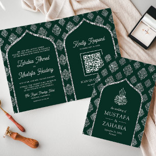 Invitation Emerald Silver Damask Arch QR Code Mariage musulma