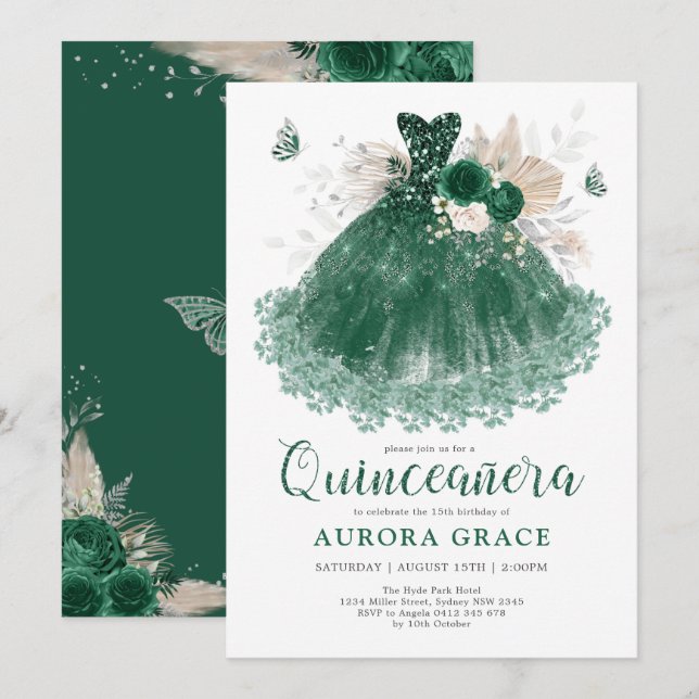 Invitation Emerald Silver Flower Quinceañera Mis Quince Anos (Devant / Derrière)