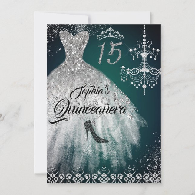 Invitation Emerald Silver Sparkle Diamond Robe Quinceanera (Devant)