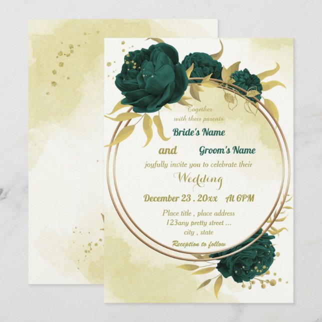 Invitation Emerald vert fleurs or feuille mariage (Devant / Derrière)