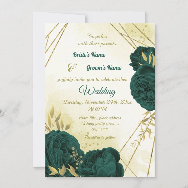 Invitation Emerald vert fleurs or feuille mariage (Devant)