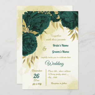 Invitation Emerald vert fleurs or feuille mariage