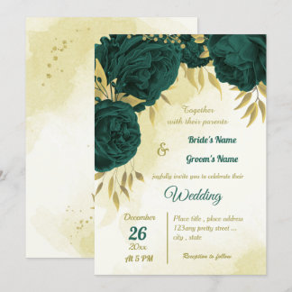 Invitation Emerald vert fleurs or feuille mariage