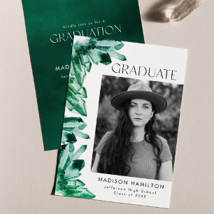 Invitation Emerald Watercolor Crystal Photo Graduation Party