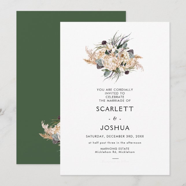 Invitation Emerald White Protea Pampas Mariage Invitati (Devant / Derrière)