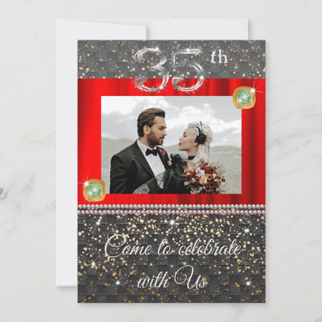 Invitation Émeraude d'argent noir chic 35e anniversaire de Ma (Devant)