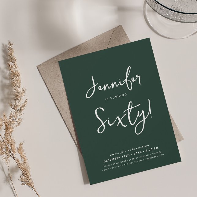Invitation Émeraude de script minimal moderne 60e anniversair (Modern Minimal 60th Birthday Script Emerald Invitation)