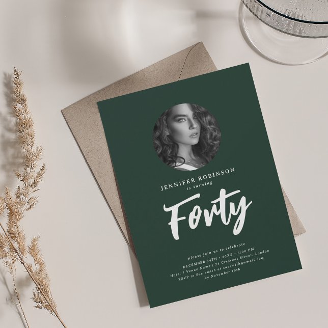Invitation Émeraude de soirée à l'occasion du 40e anniversair (Minimal Script Photo 40th Birthday Party Emerald Invitation)