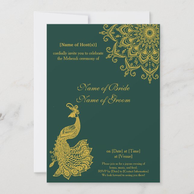Invitation Émeraude d'or métallique personnalisable Mehendi I (Devant)