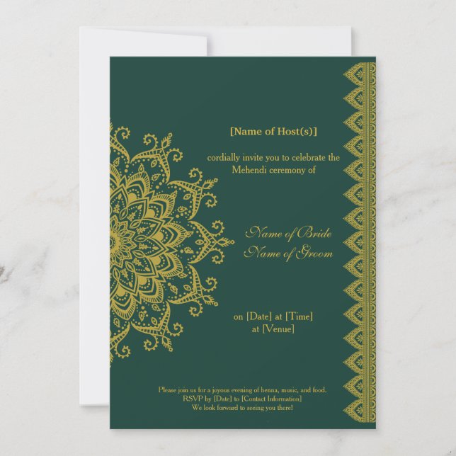 Invitation Émeraude d'or métallique personnalisable Mehendi I (Devant)