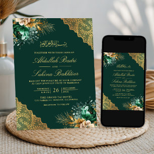 Invitation Émeraude Floral Or Lace Vert Mariage Musulman