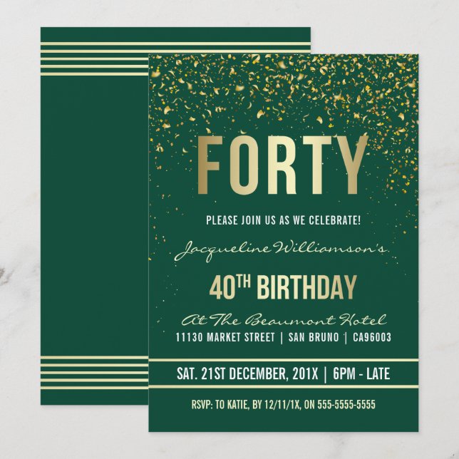 Invitation Émeraude | Gold Confetti 40e fête d'anniversaire (Devant / Derrière)