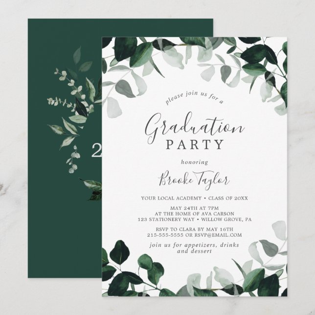 Invitation Émeraude Green Graduation Party (Devant / Derrière)